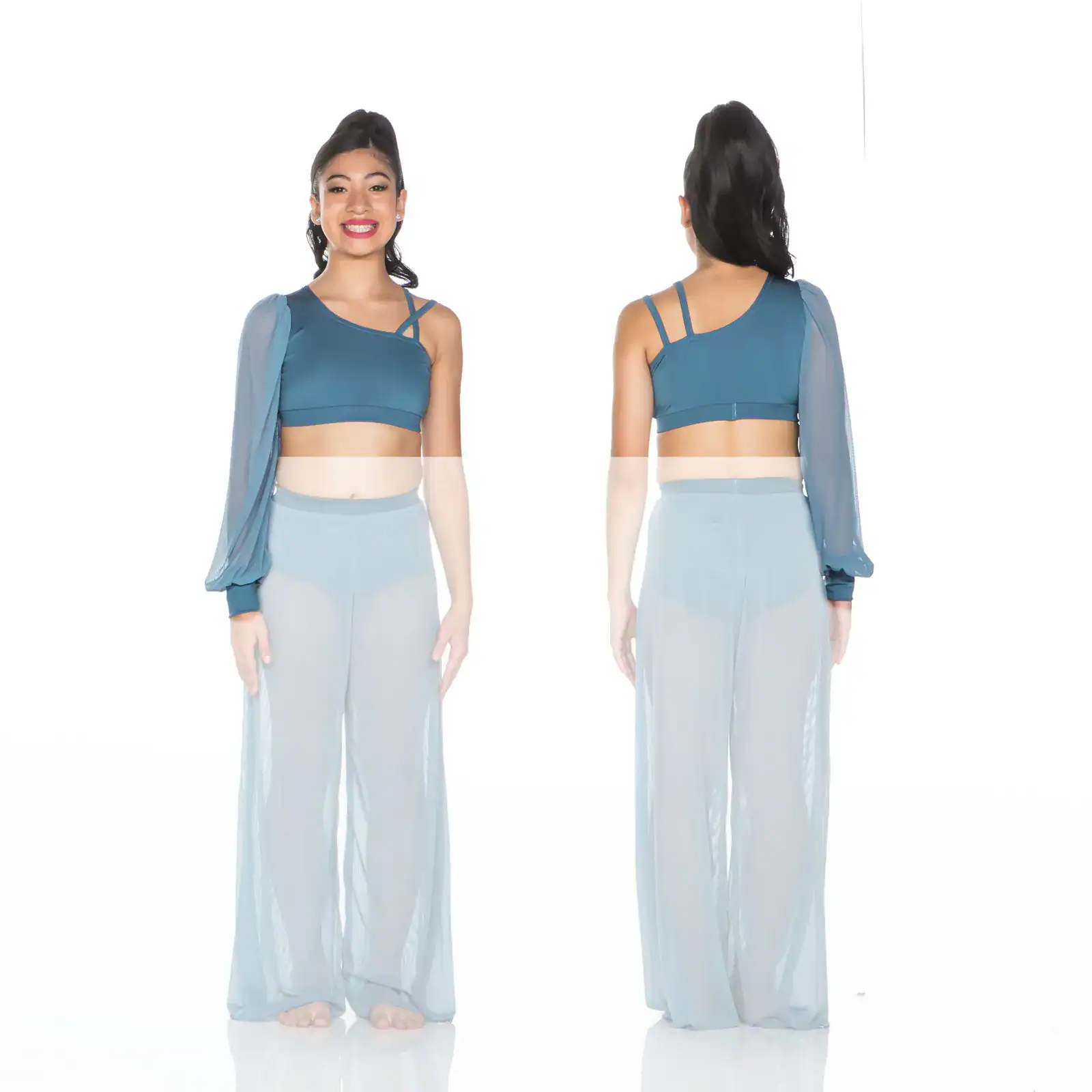 Front and back views of blue asymmetric dance costume