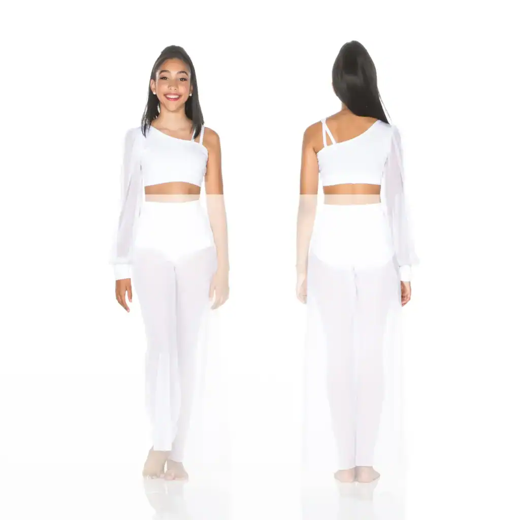 Model shown front and back in white asymmetrical outfit