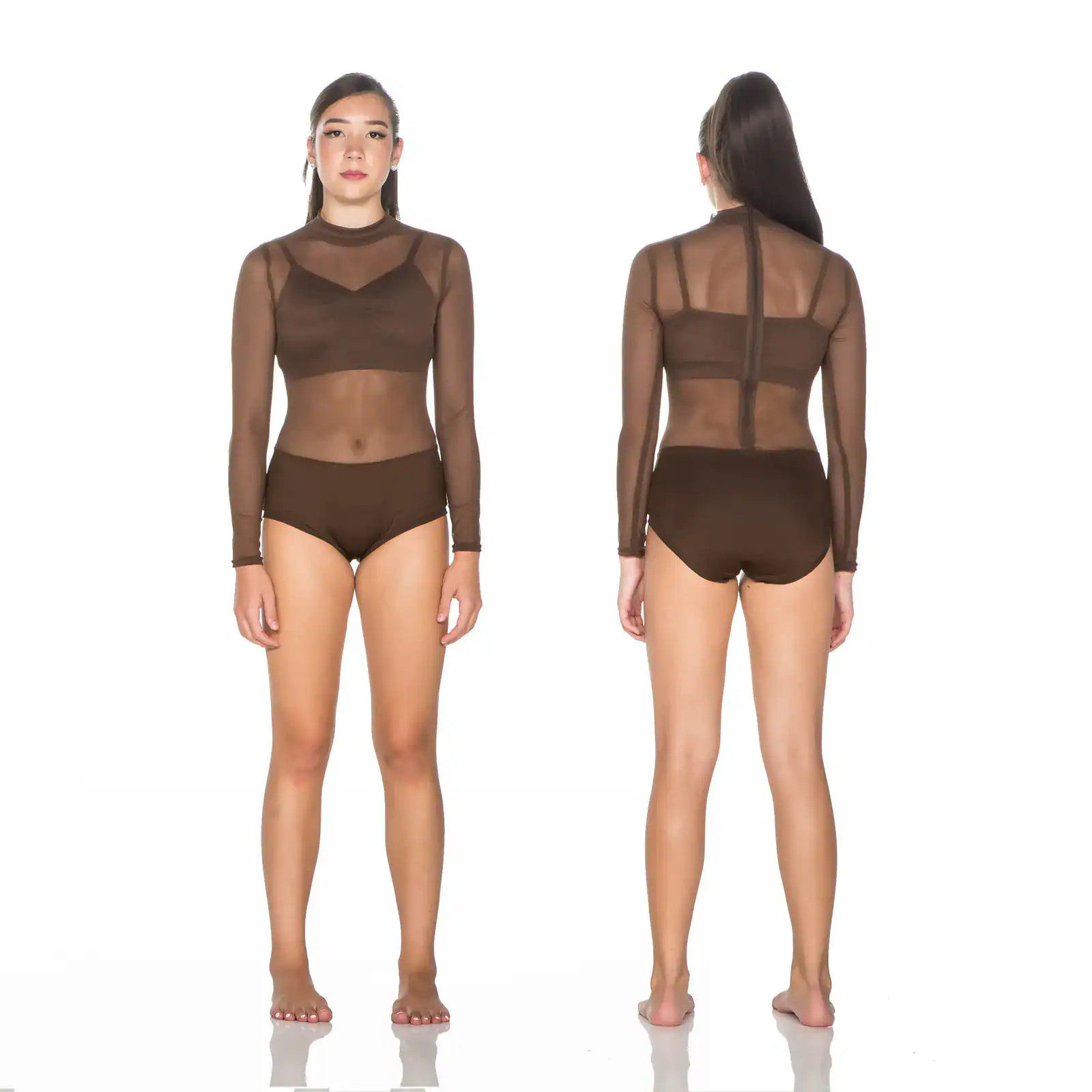 Front and back views of brown sheer mesh bodysuit