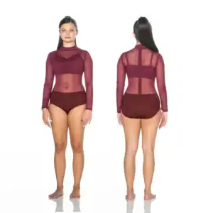 Front and back views of burgundy sheer long-sleeve bodysuit