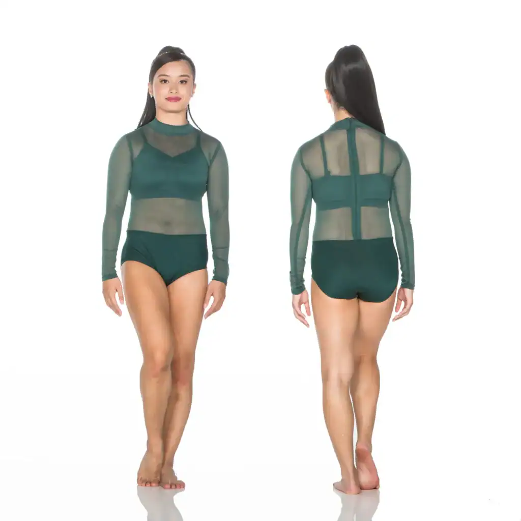 Front and back views of green mesh dance leotard