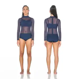 Front and back views of navy sheer mesh leotard