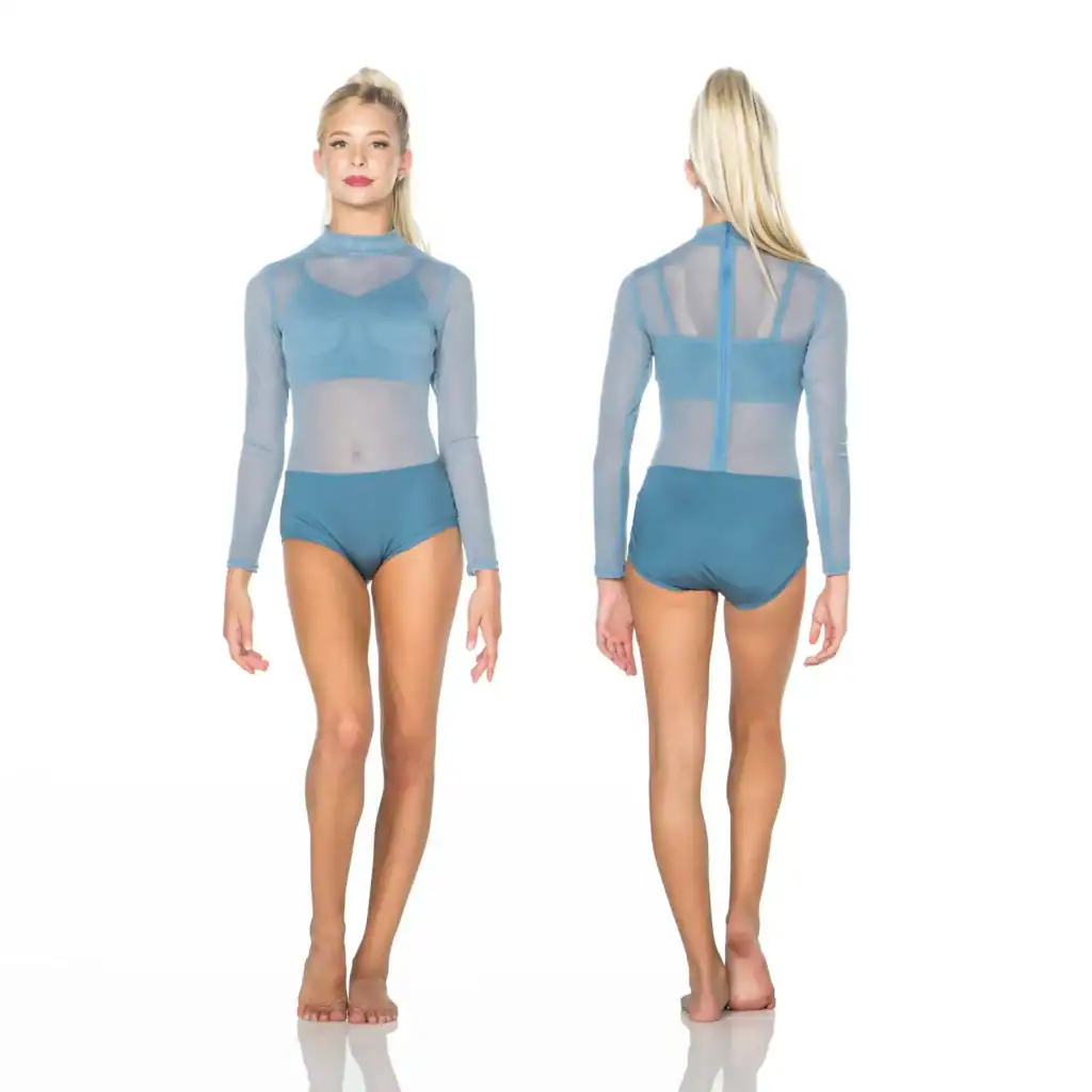 Front and back views of blue mesh dance leotard
