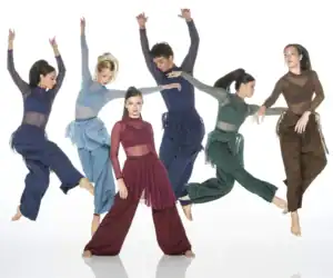 Six contemporary dancers pose in colorful sheer costumes.