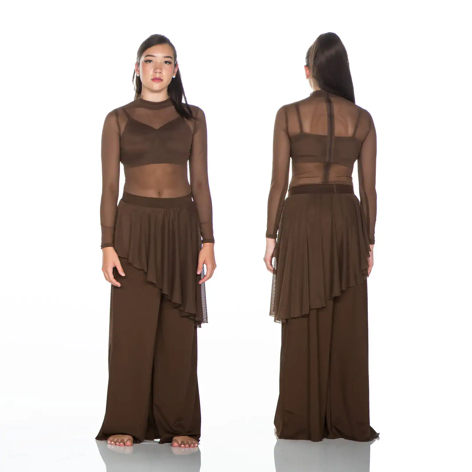 Front and back views of brown sheer mesh outfit