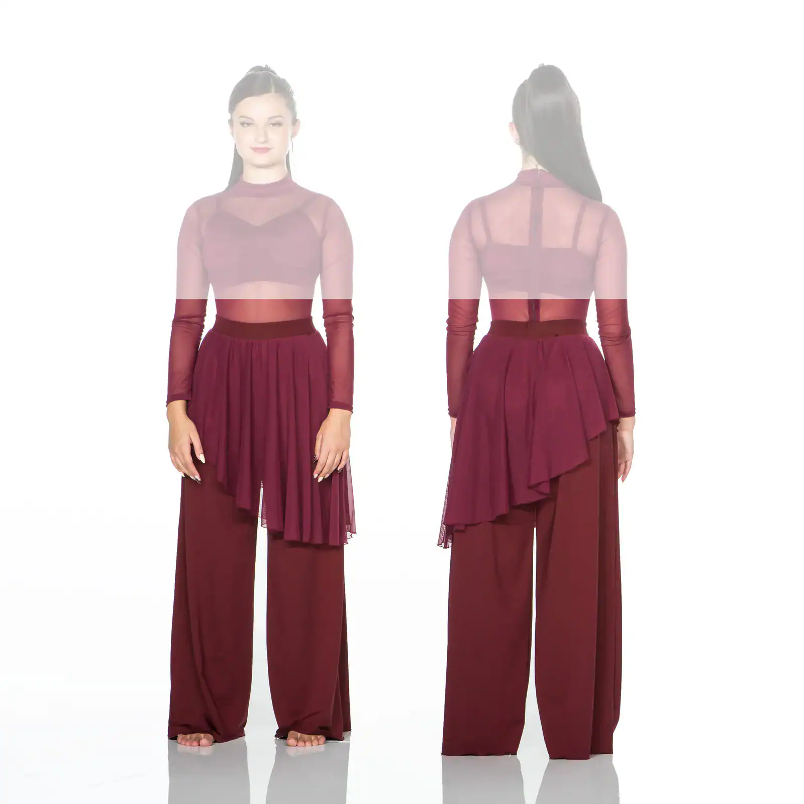 Front and back views of burgundy sheer-panel jumpsuit