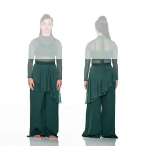 Front and back views of woman in dark green jumpsuit
