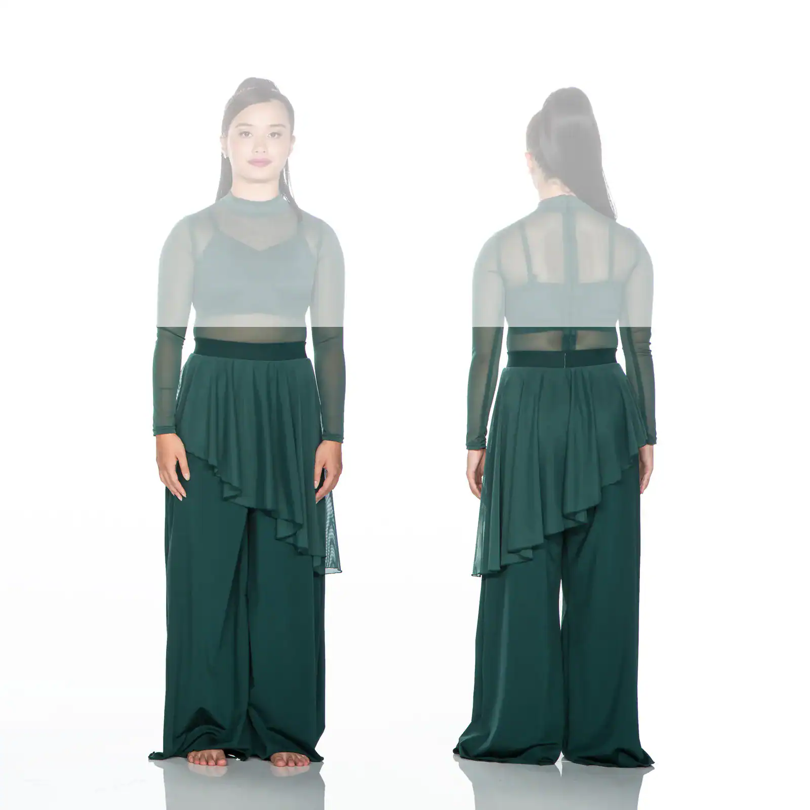 Front and back views of woman in dark green jumpsuit