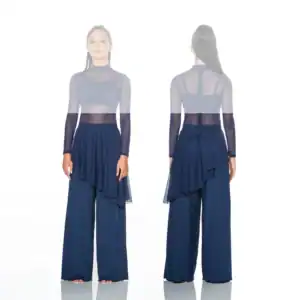 Front and back views of navy sheer jumpsuit