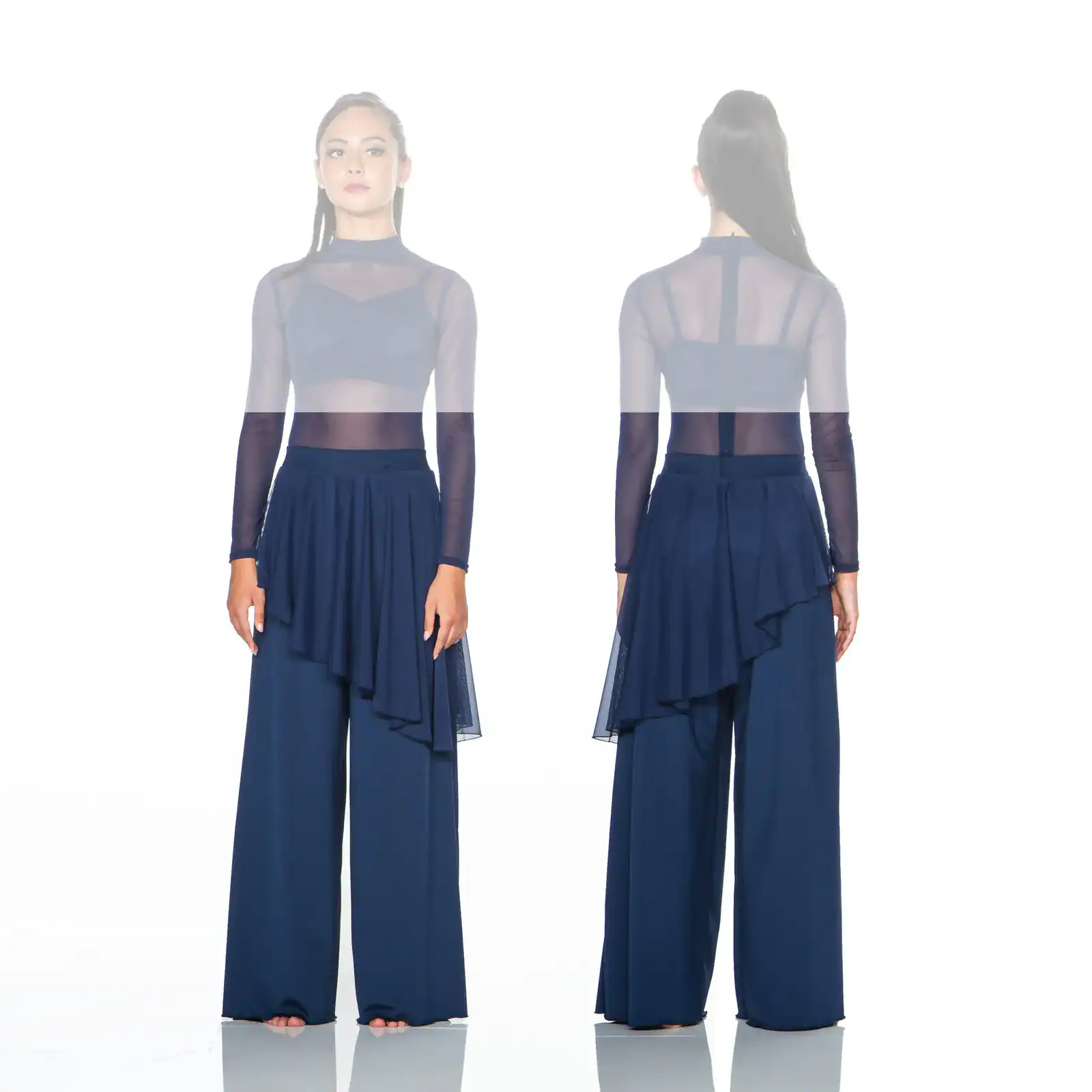 Front and back views of navy sheer jumpsuit