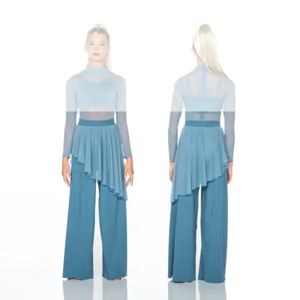 Front and back views of blue sheer dance costume