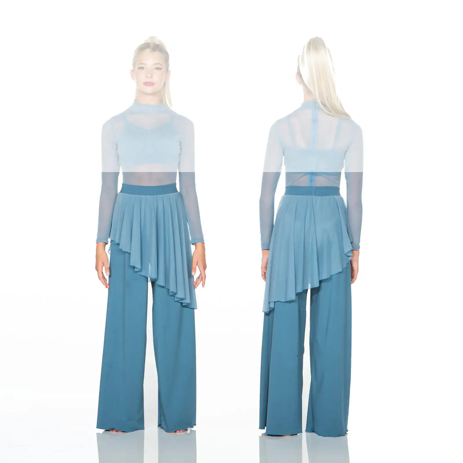 Front and back views of blue sheer dance costume