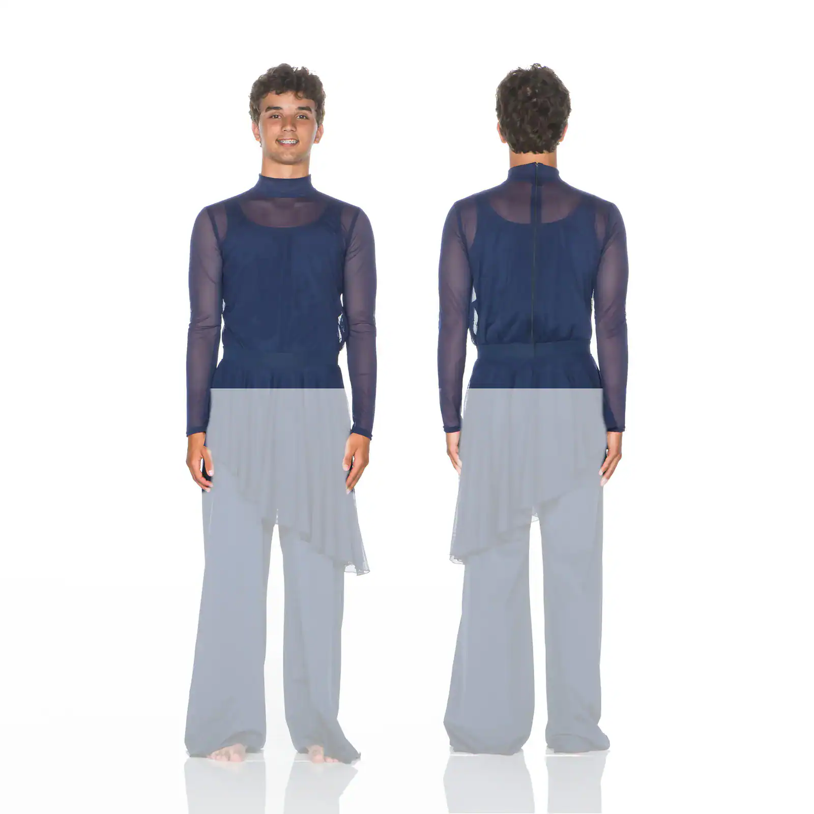 Front and back views of navy sheer dance costume