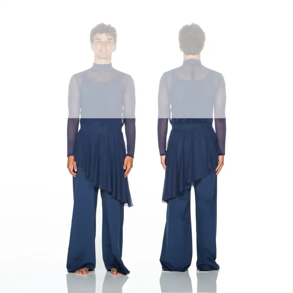 Front and back views of navy sheer dance costume