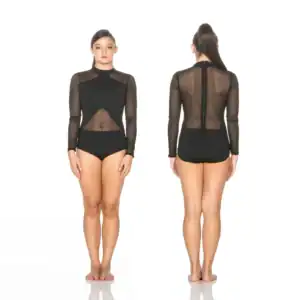 Front and back views of black sheer mesh leotard