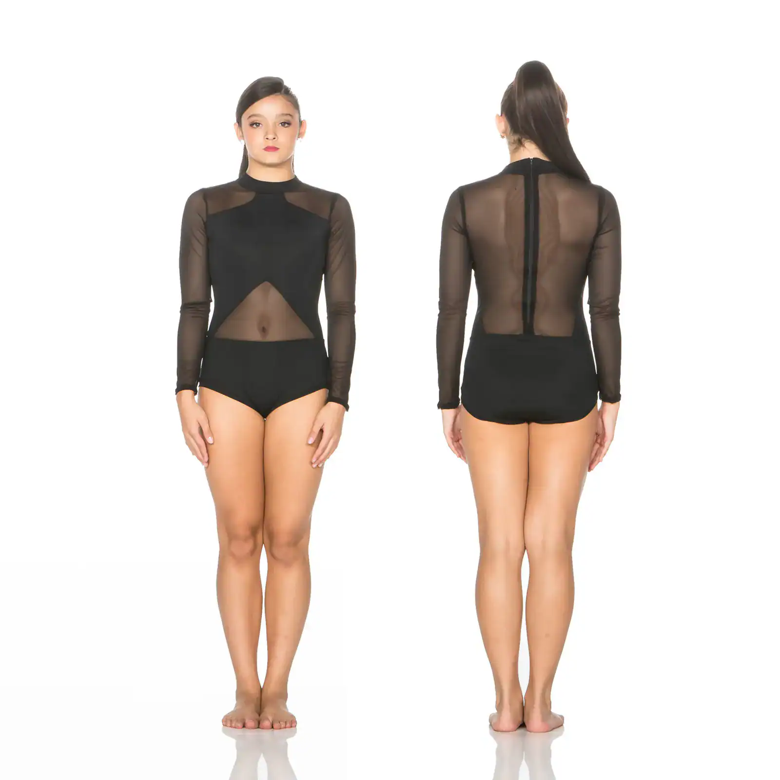 Front and back views of black sheer mesh leotard