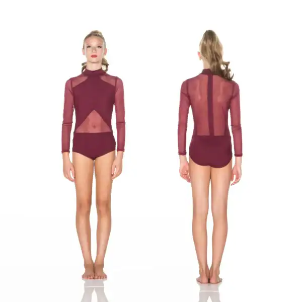 Front and back views of burgundy sheer long-sleeve leotard