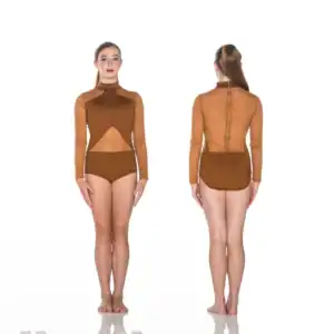 Front and back views of brown mesh long-sleeve leotard