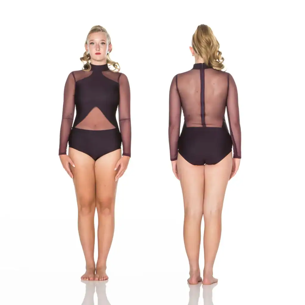 Front and back views of black sheer bodysuit