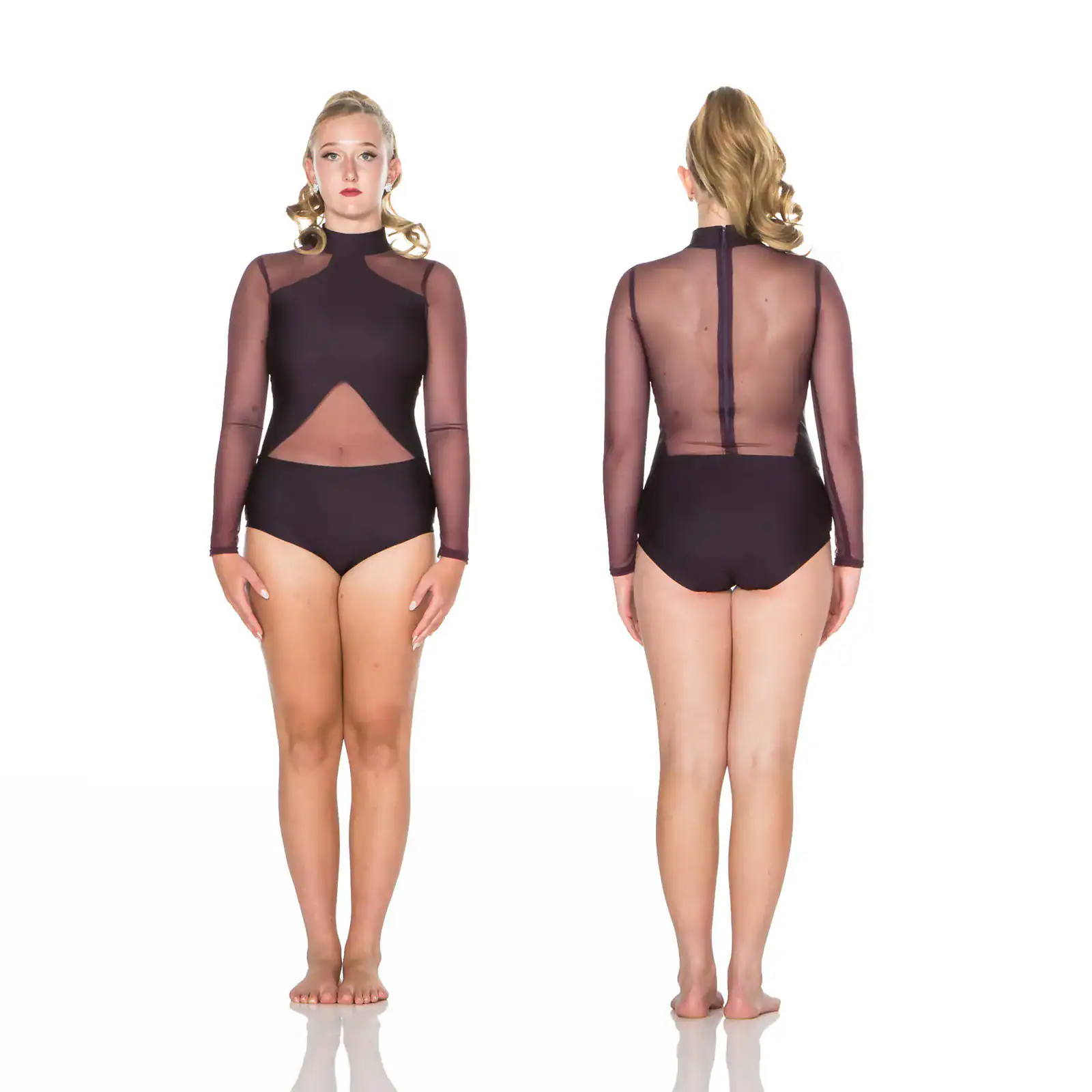 Front and back views of black sheer bodysuit