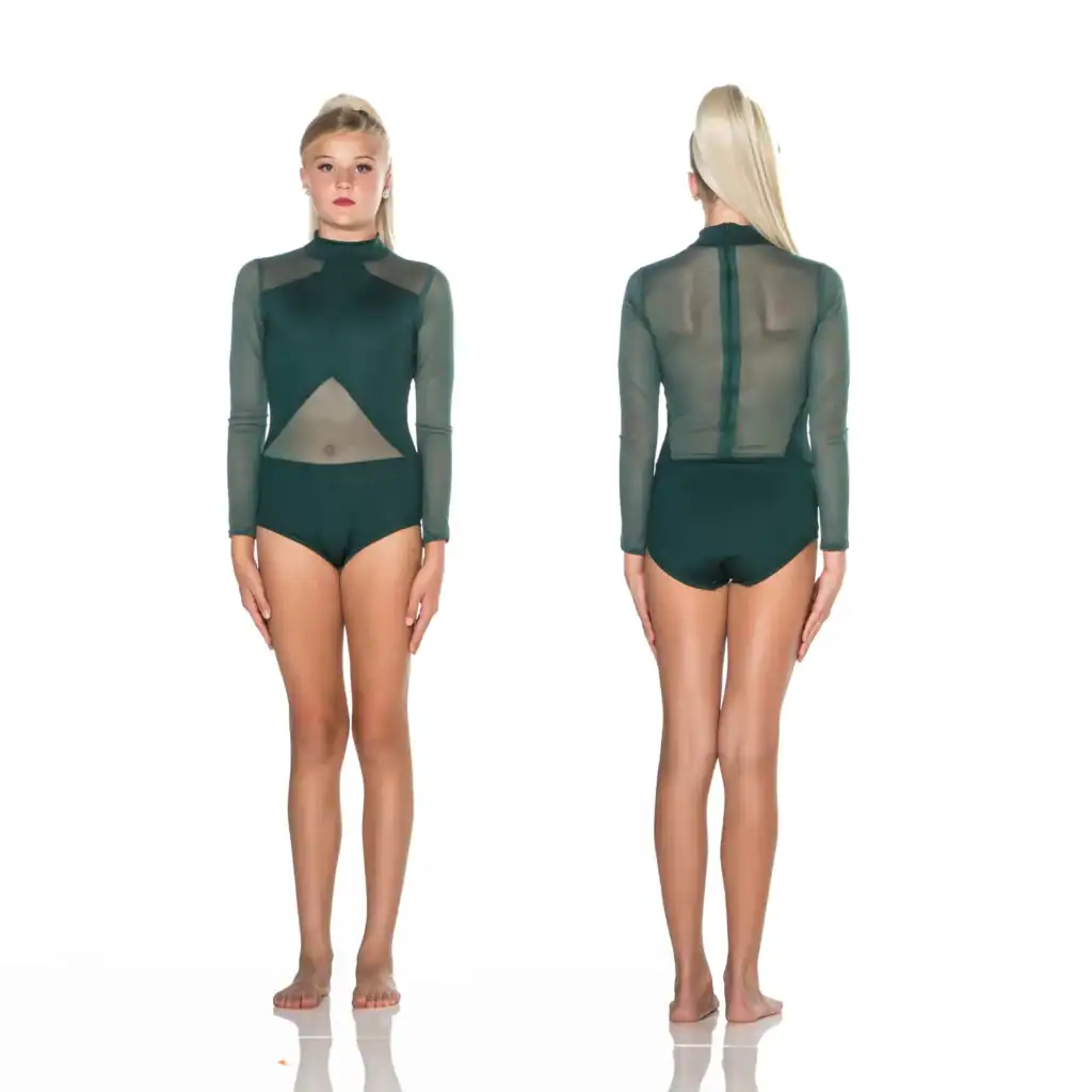 Front and back views of dark green mesh leotard