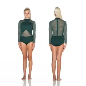 Front and back views of dark green mesh leotard