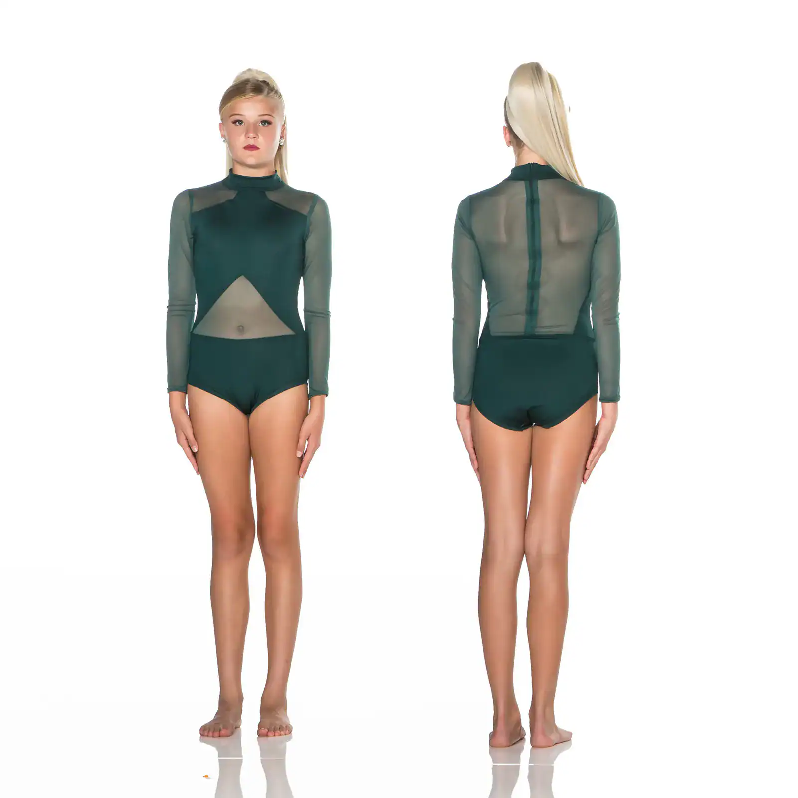 Front and back views of dark green mesh leotard