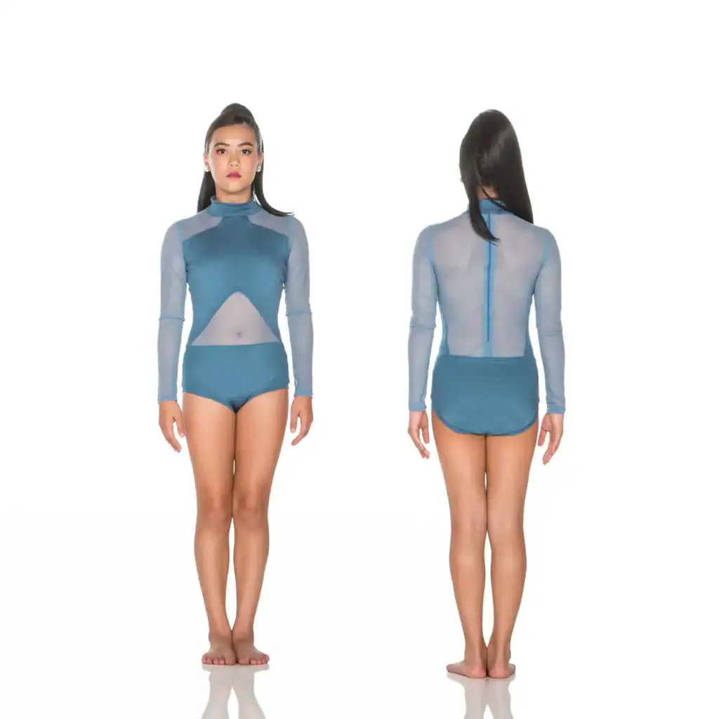 Front and back views of blue mesh long-sleeve leotard