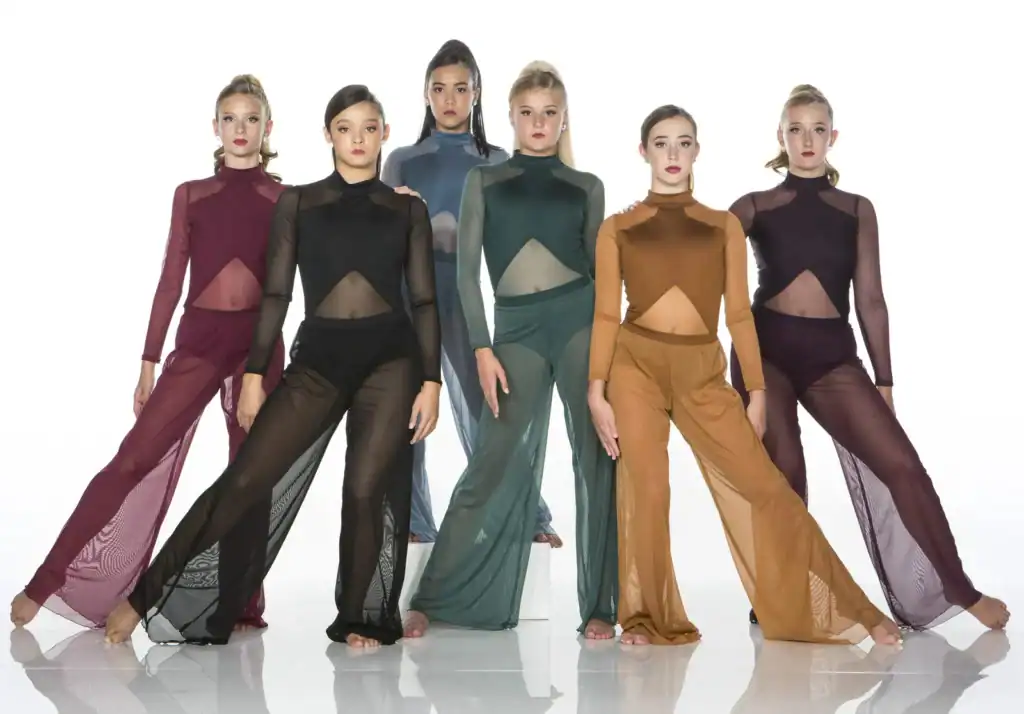 Six dancers modeling colorful sheer contemporary dance costumes.