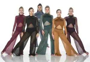 Six dancers modeling colorful sheer contemporary dance costumes.