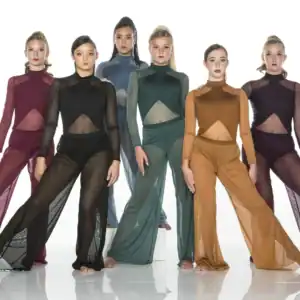 Six dancers modeling colorful sheer contemporary dance costumes.
