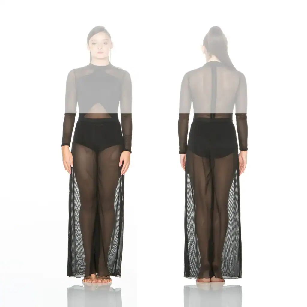 Front and back views of black sheer mesh maxi dress
