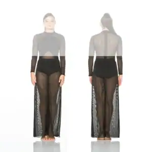 Front and back views of black sheer mesh maxi dress