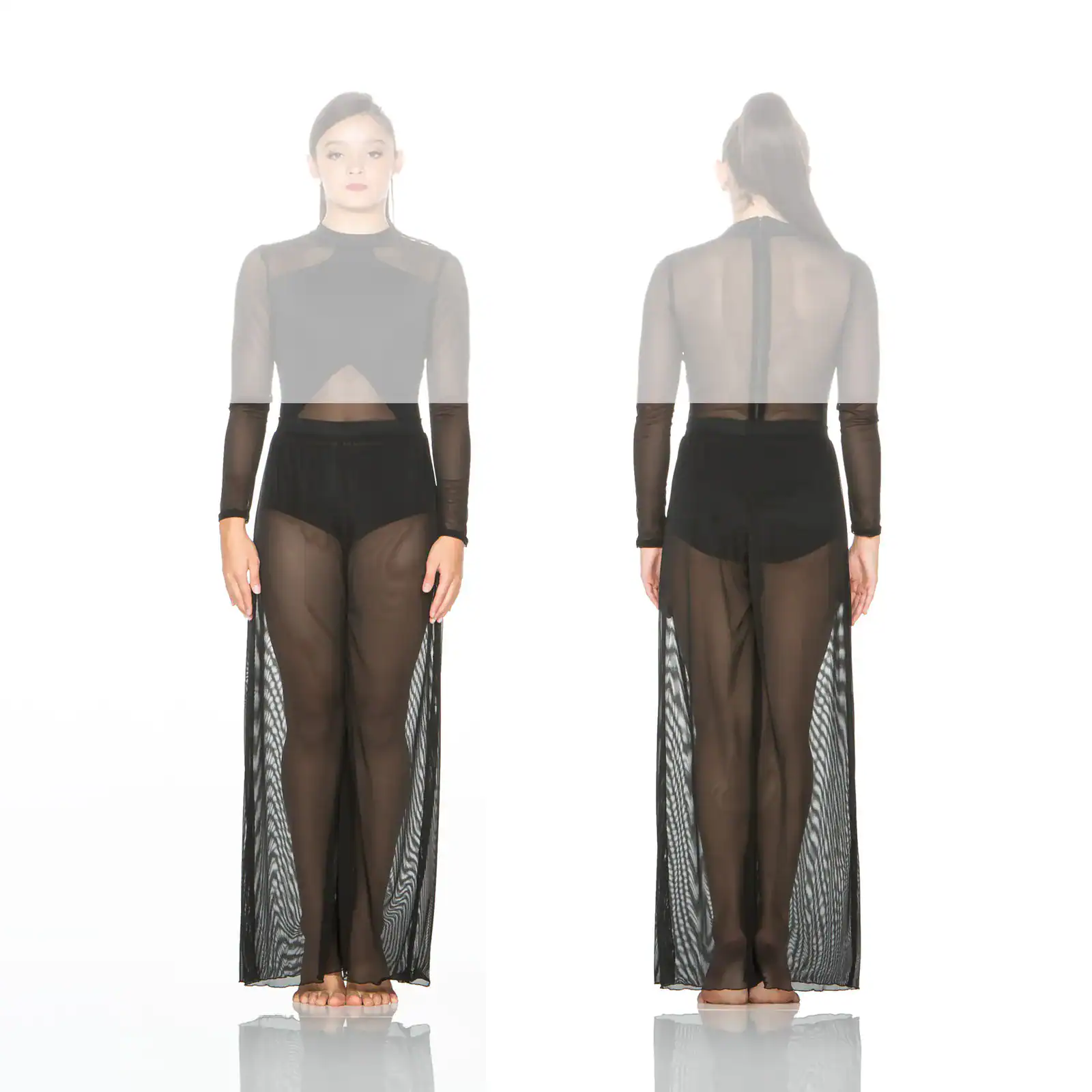 Front and back views of black sheer mesh maxi dress