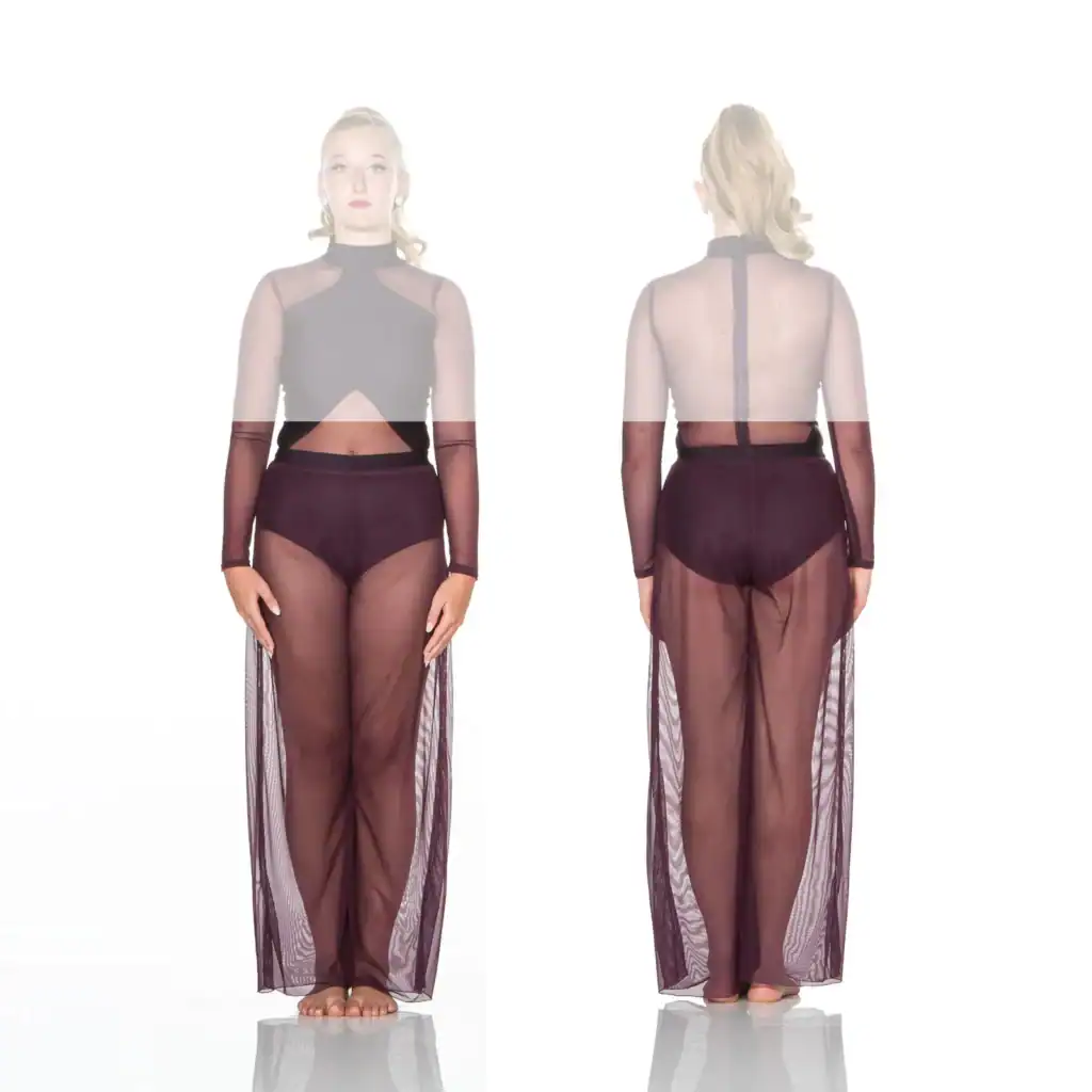 Front and back views of woman in sheer black gown