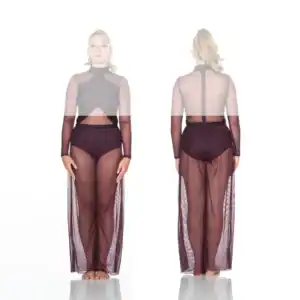 Front and back views of woman in sheer black gown