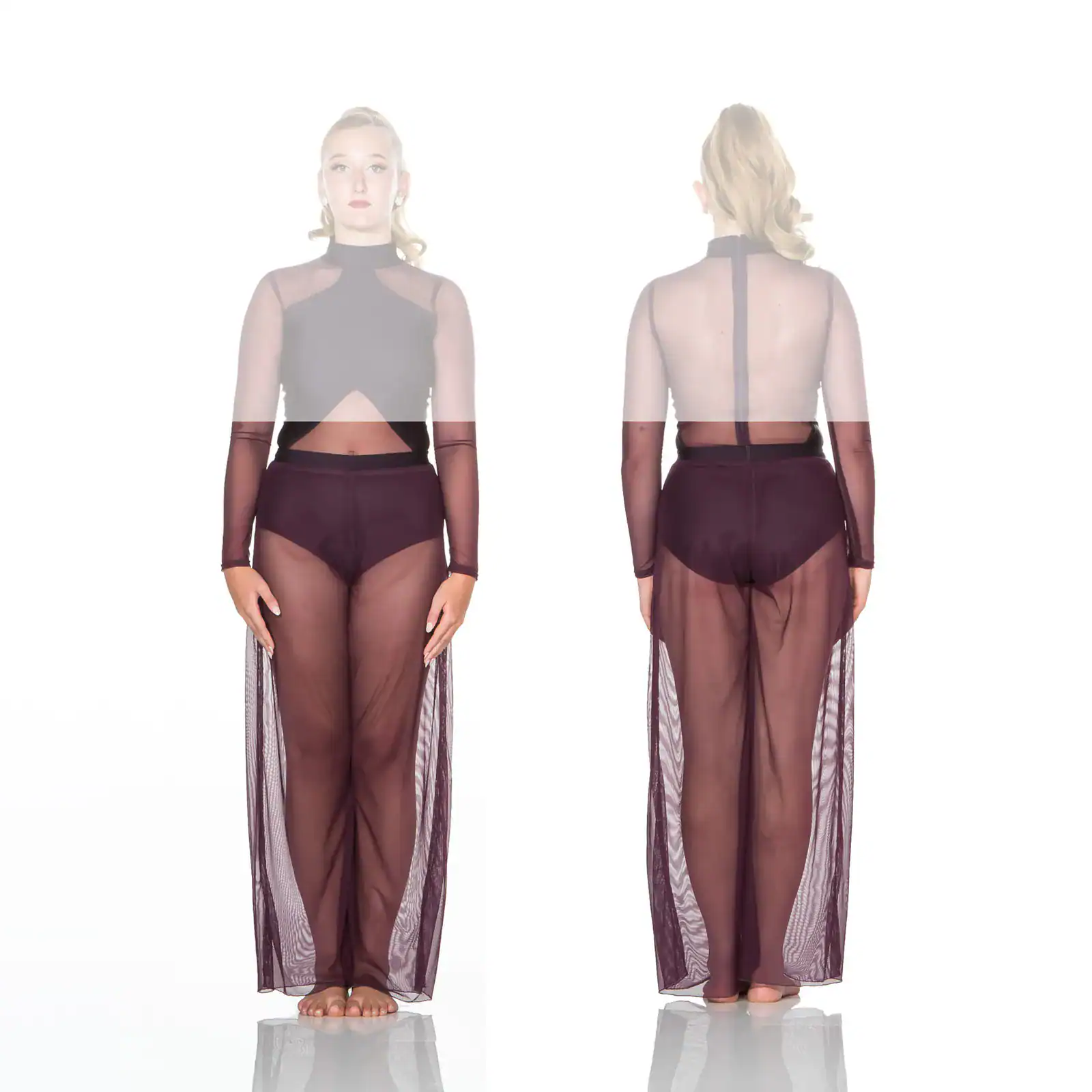 Front and back views of woman in sheer black gown