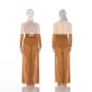 Front and back views of brown sheer dance costume