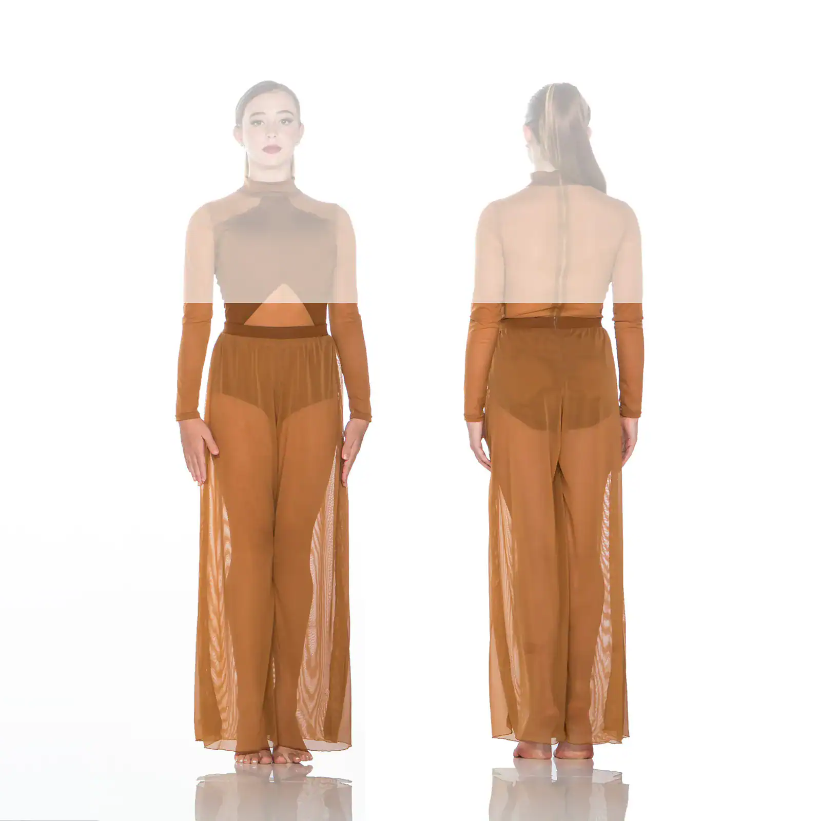 Front and back views of brown sheer dance costume