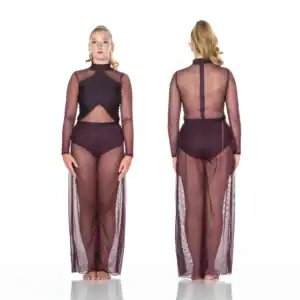 Front and back views of burgundy sheer dance costume