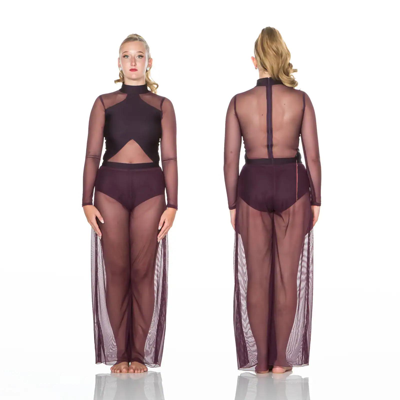 Front and back views of burgundy sheer dance costume