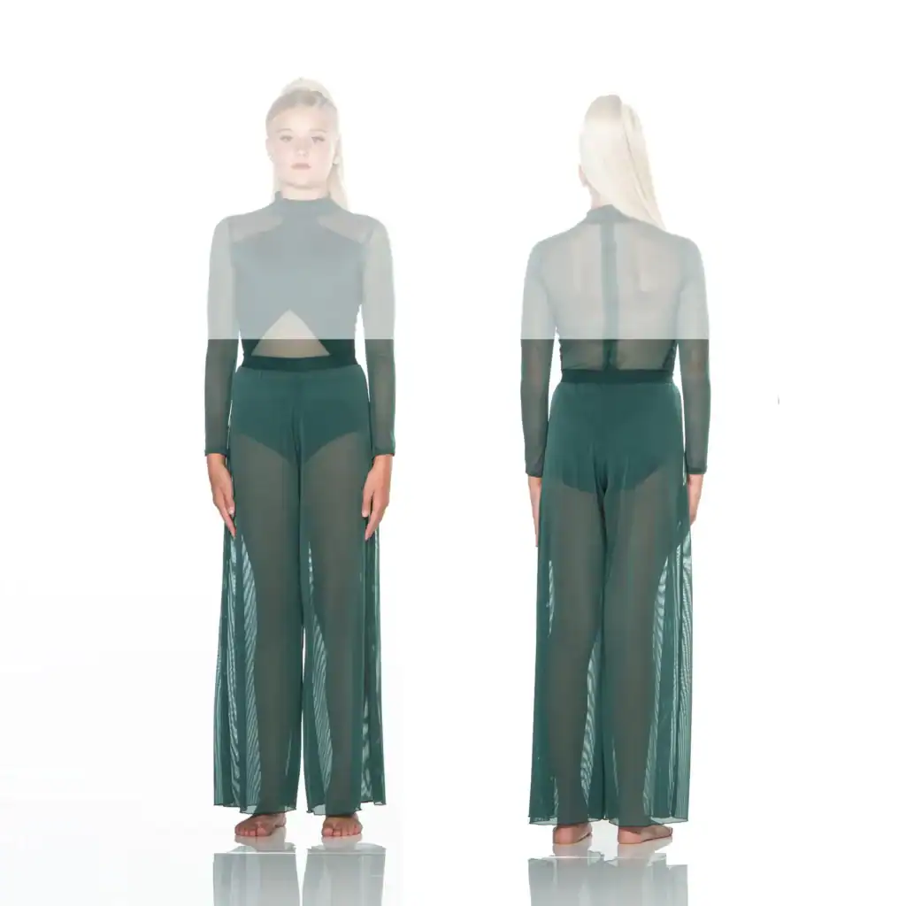 Front and back views of dark green sheer jumpsuit