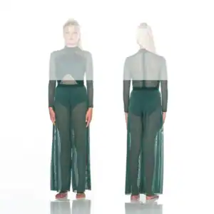 Front and back views of dark green sheer jumpsuit