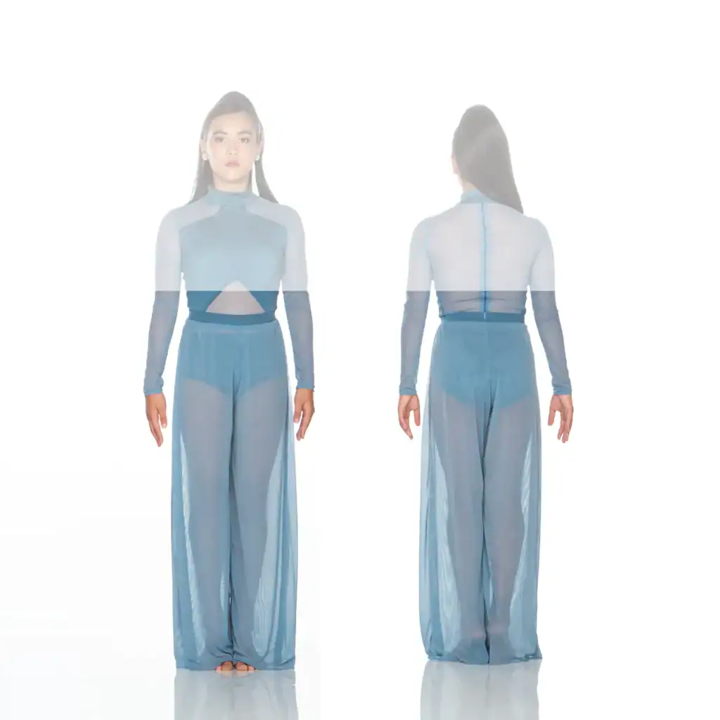 Model wearing a sheer blue jumpsuit, front and back views.