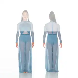 Model wearing a sheer blue jumpsuit, front and back views.