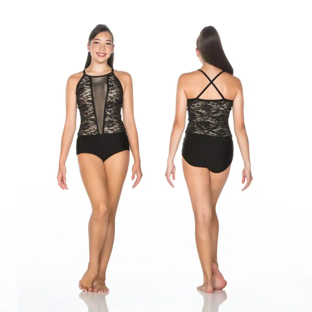 Front and back views of black lace leotard