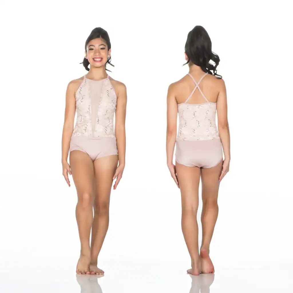 Front and back views of blush lace halter bodysuit