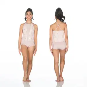 Front and back views of blush lace halter bodysuit