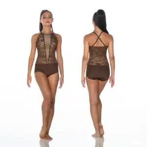 Front and back views of brown lace leotard