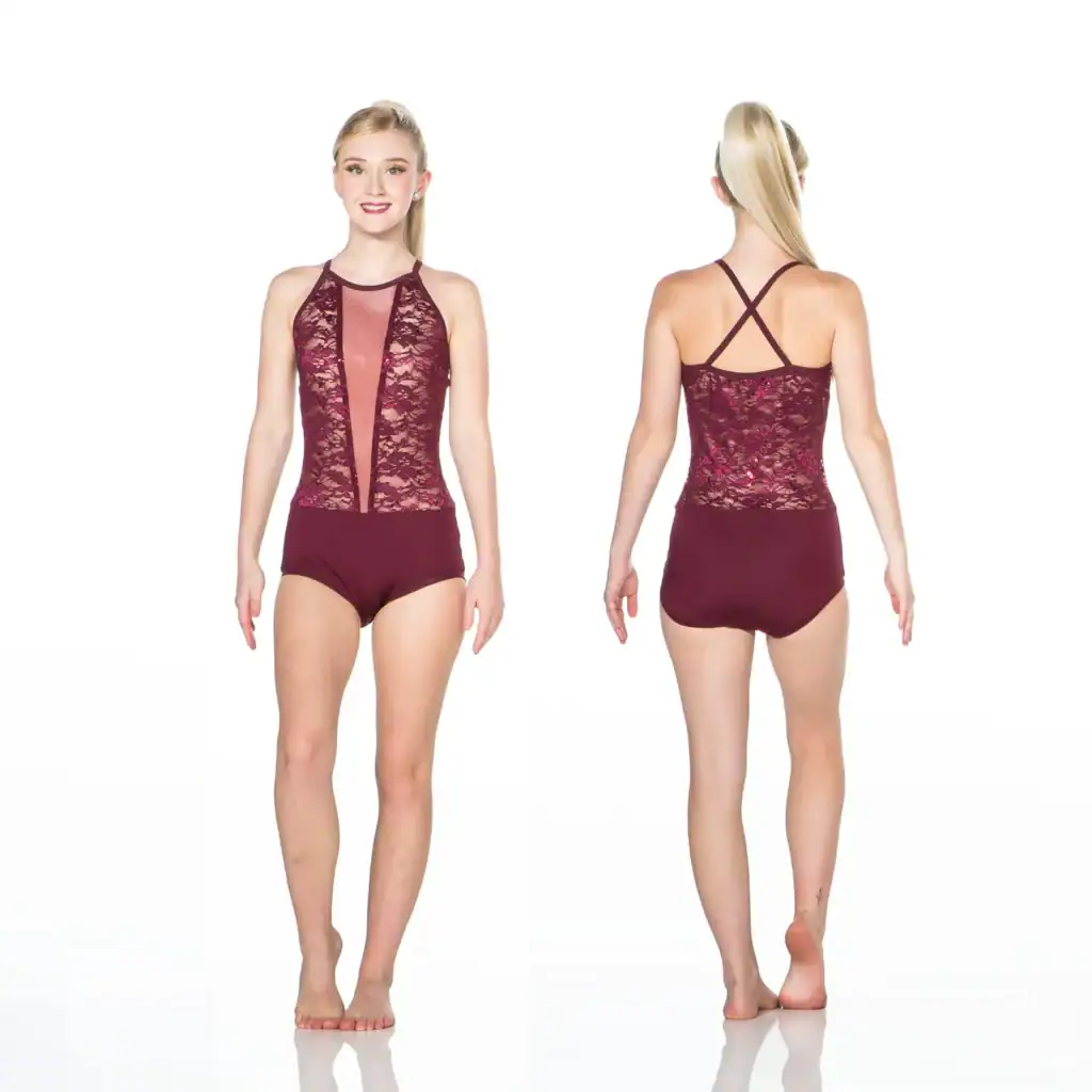 Front and back views of burgundy lace leotard